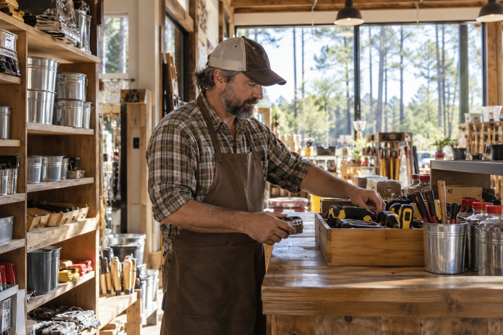 Hardware store owner at a wooden counter, representing Daphne Main Street business owners