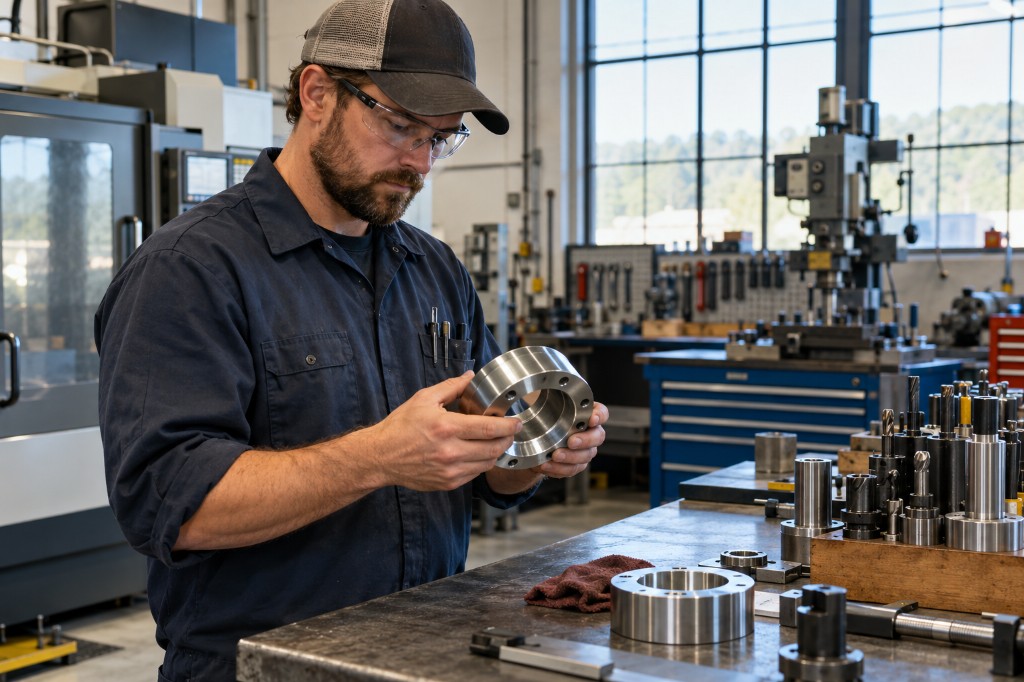 Machinist inspecting a metal part in a shop, representing Daphne-area industrial and trade businesses