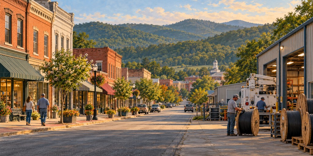 Editorial illustration of a main street and utility cable yard representing Daphne, Alabama commerce