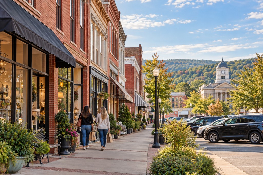 Editorial downtown sidewalk scene representing Daphne, Alabama Main Street commerce