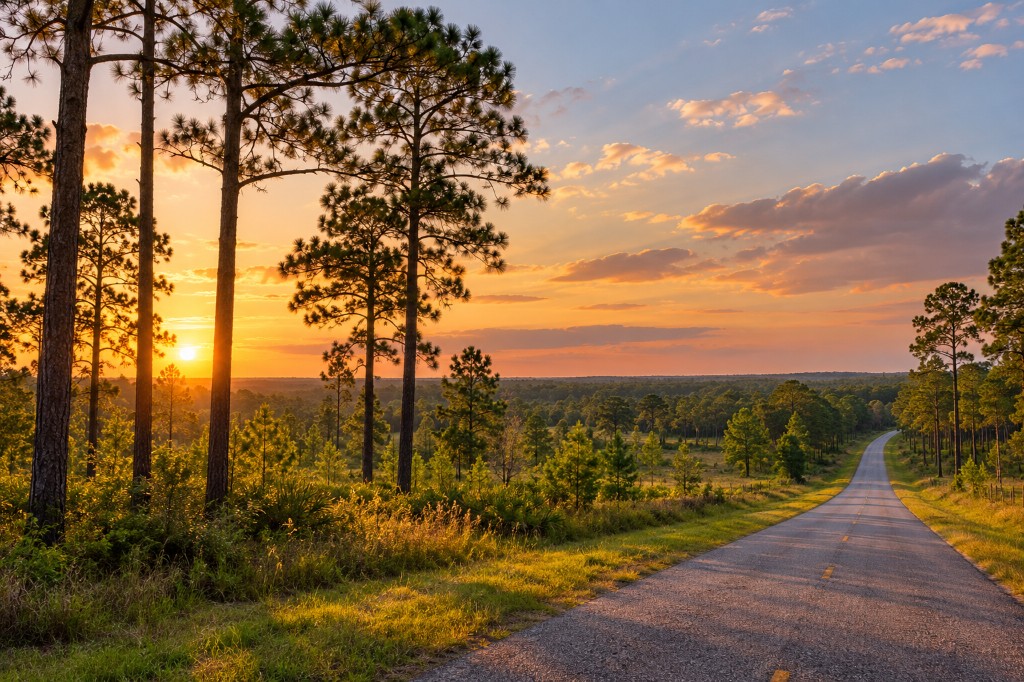 Pine forest road at sunset near Guntersville, Alabama