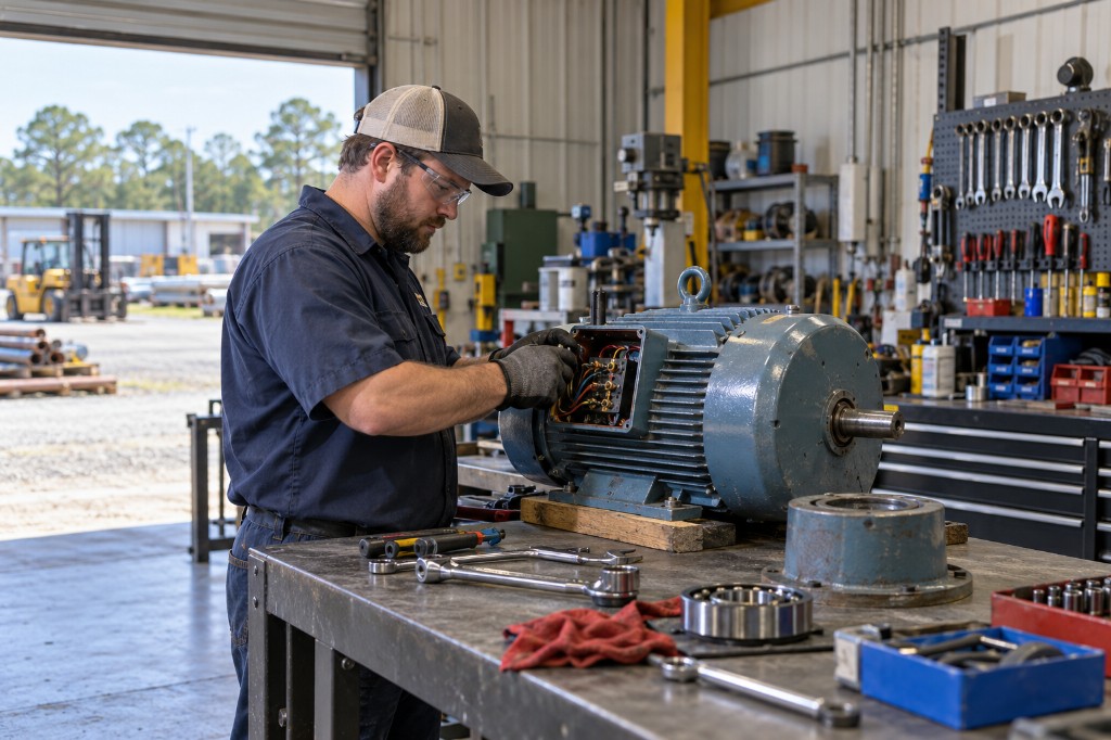 Skilled industrial technician repairing a large electric motor in a Guntersville-area workshop