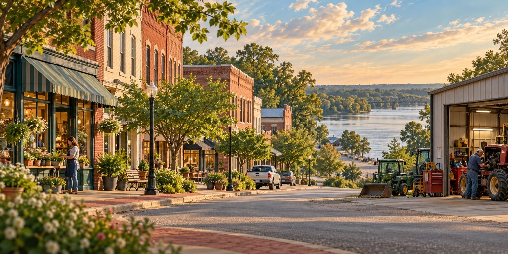 Main street flower shop, tractor service bay, and river bridge scene representing Guntersville, Alabama
