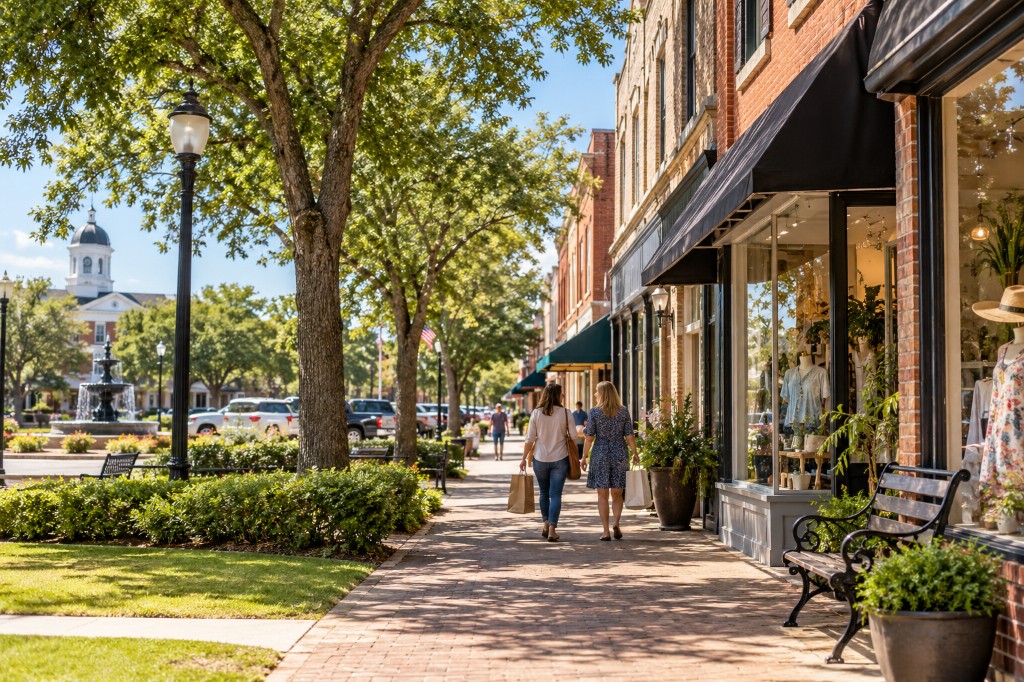 Downtown sidewalk with brick storefronts, park fountain, and courthouse cupola in Guntersville, Alabama