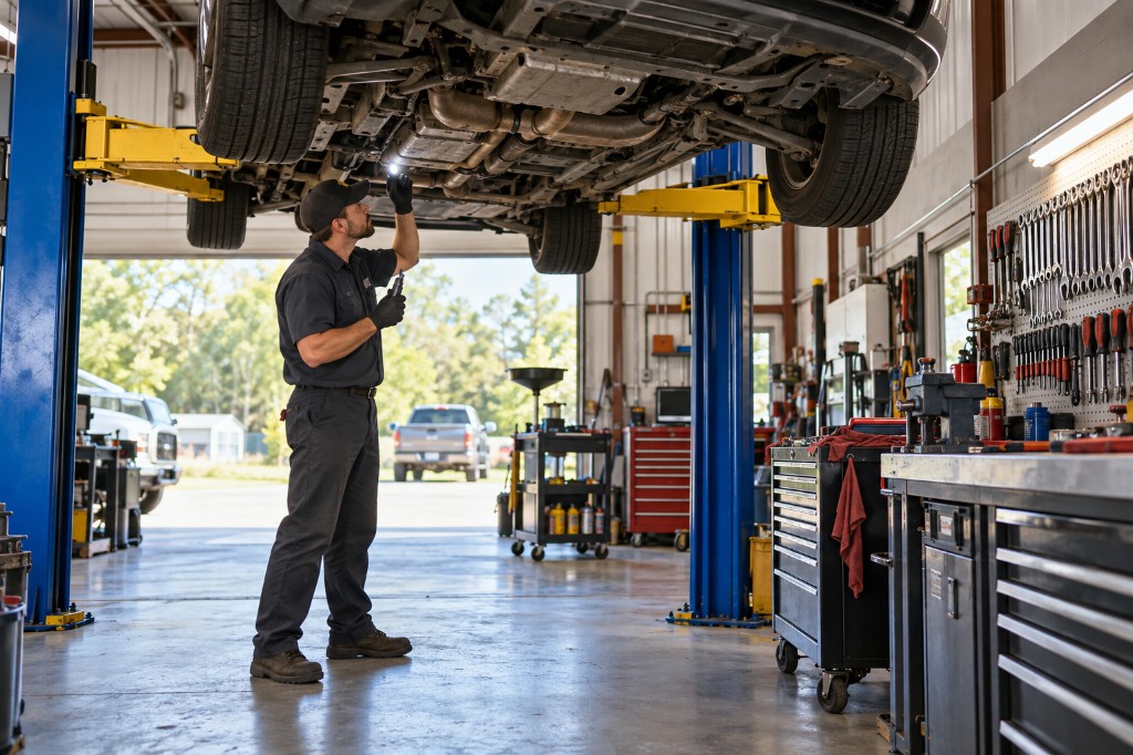 Mechanic inspecting a vehicle on a blue hydraulic lift in a bright auto shop