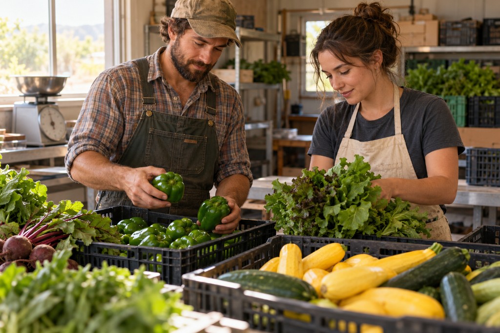 Produce team sorting peppers, squash and leafy greens into crates in a bright farm-shop setting