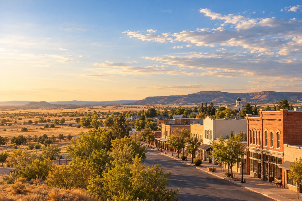 Historic desert town street with brick storefronts and distant mesas at golden hour near Scottsdale, Arizona