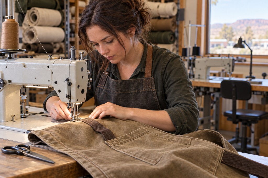 Canvas artisan guiding heavy fabric through an industrial sewing machine with desert mesas beyond the workshop window