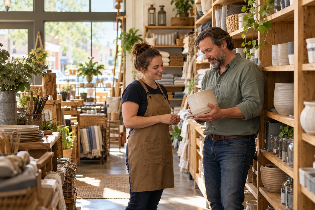 Boutique retail employee helping a customer choose a ceramic planter in a Westover-area shop