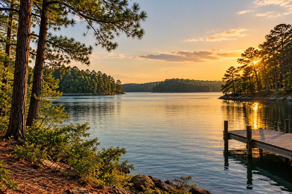 Calm pine-lined lake at sunset near Westover, Alabama