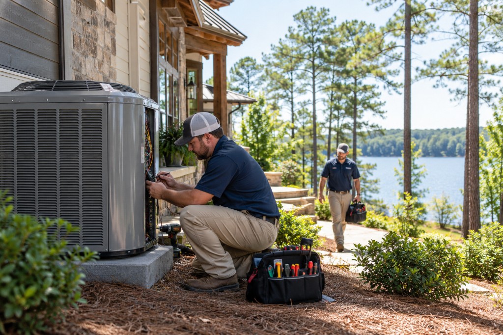 HVAC technicians servicing an outdoor unit at a lakeside residential property near Westover, Alabama